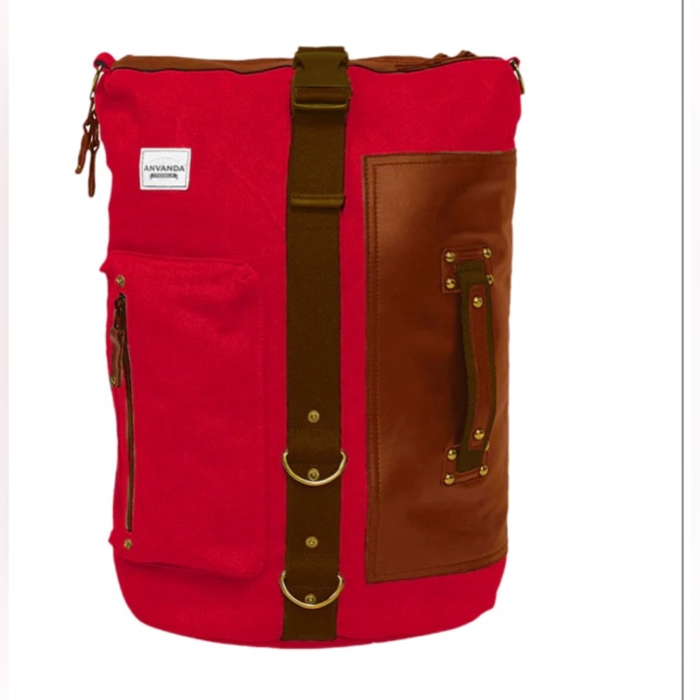 Anvanda Red Canvas & Brown Leather Backpack
